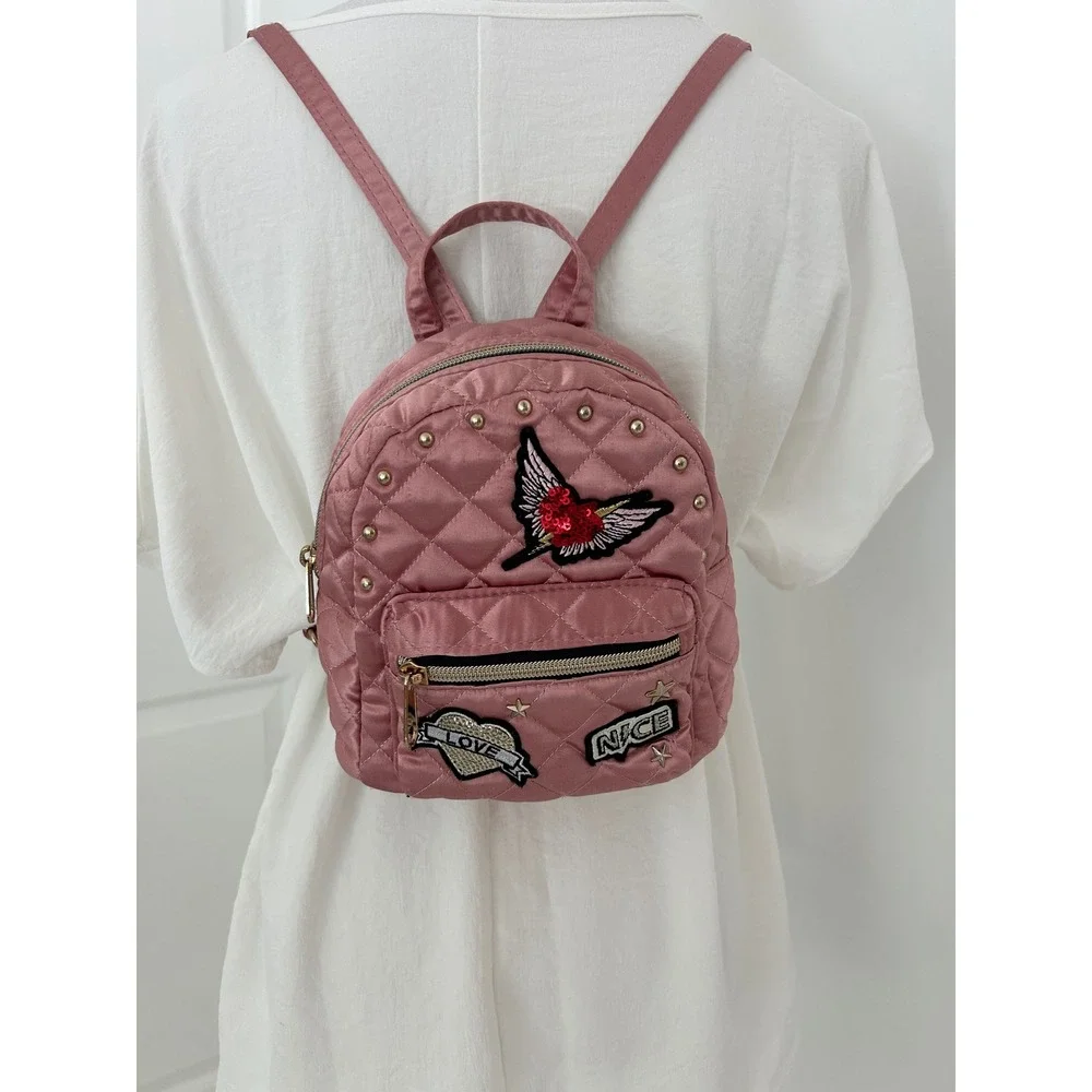 The Childrens Place Girls Pink Quilted Satin Mini Backpack Heart Patches Studs